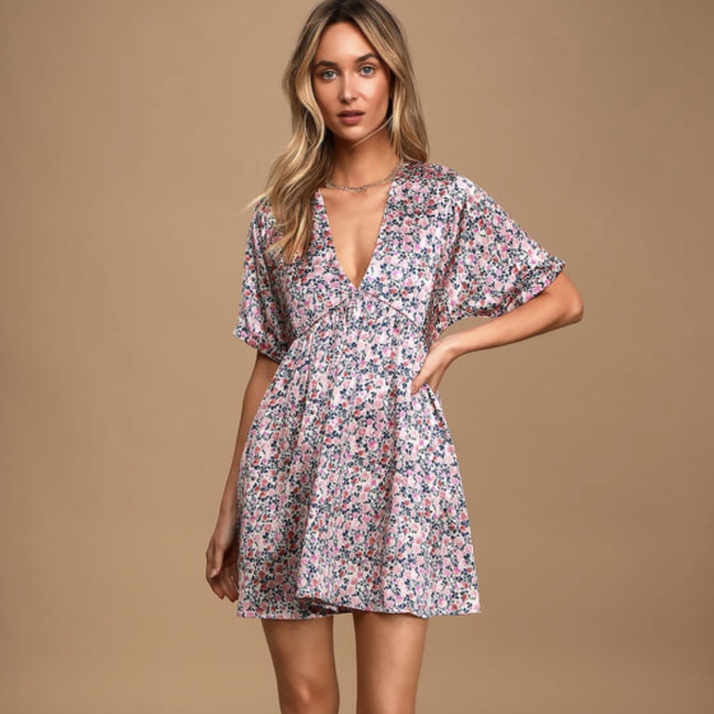 Lulu's Floral Satiny Feel Mini Dress or Tunic Top, NWT, S